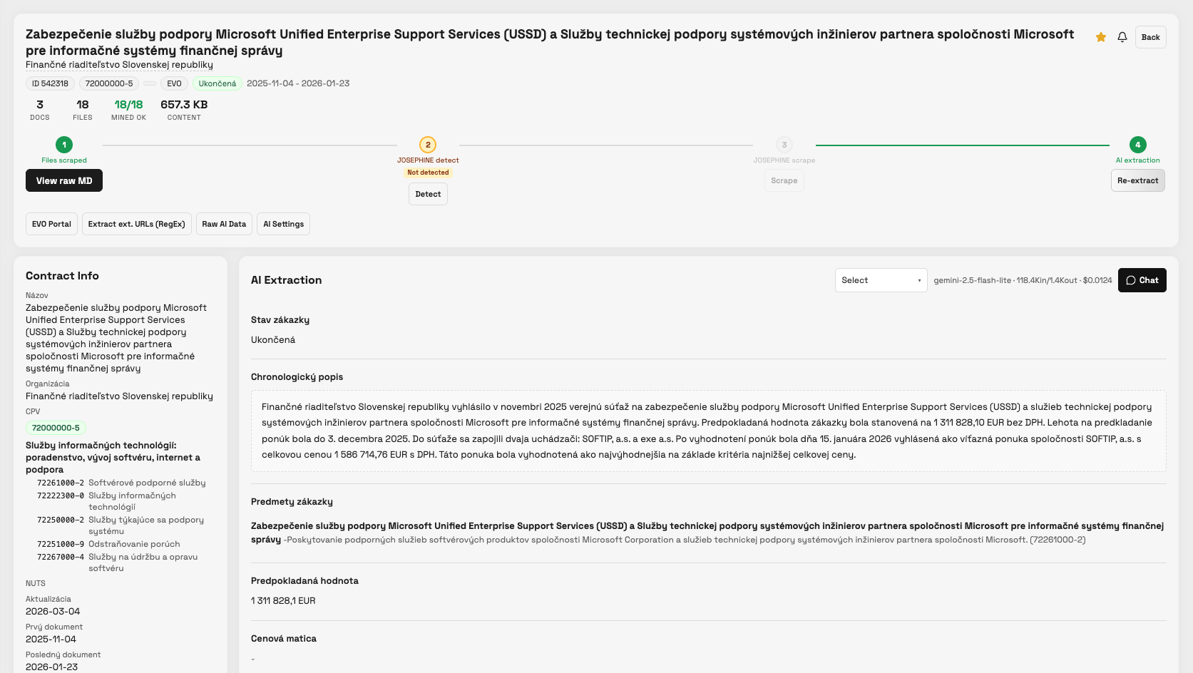 Contract detail view with AI extraction, file access, and structured data